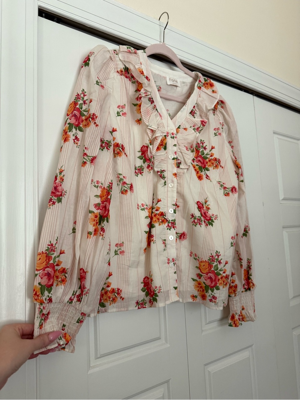 Fate Cream Floral Ruffle-Trim Button-Front Shirt